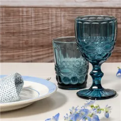 VERRES À PIED À VIN VINTAGE WAKI GLASS 'VINTAGE' 260 ML Ø8x15.5 CM BLEU VERRE (6 UNITÉ)