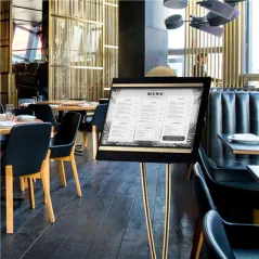 PORTE MENUS DIN-A3 AVEC PIED INCORPORÉ   46x38x135 CM NOIR/OR LAITON (1 UNITÉ)