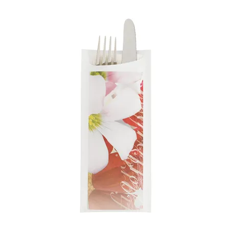 SACS POUR COUVERTS + SERVIETTE JUST IN TIME 'FLOWERS' 90 + 10PE G/M2 8,5x19,5 CM BLANC AIRLAID (250 UNITÉ)