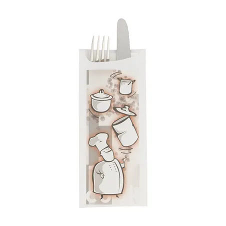 SACS COUVERTS + SERVIETTE JUST IN TIME 'BON APPETIT' 90 + 10PE G/M2 8,5x19,5 CM BLANC AIRLAID (250 UNITÉ)