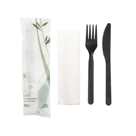 SET 3/1 FOURCHETTE, COUTEAU, SERVIETTE FEEL GREEN  18 CM NOIR CPLA (500 UNITÉ)