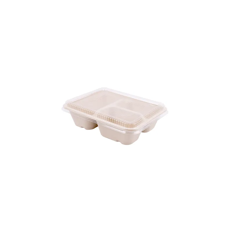 PLATEAUX 3 COMPART + COUVERCLE PET BIONIC 950 ML 22x18x5,5+1,3 CM NATUREL BAGASSE (100 UNITÉ)