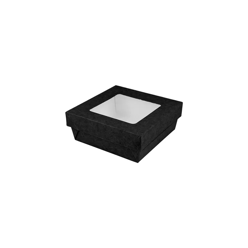 PETITES BOÎTES+COUVERCLES AVEC FÊNETRE  350 ML - 11,6 oz 270 + 15 PE G/M2 10x10x4 CM NOIR CARTON (250 UNITÉ)