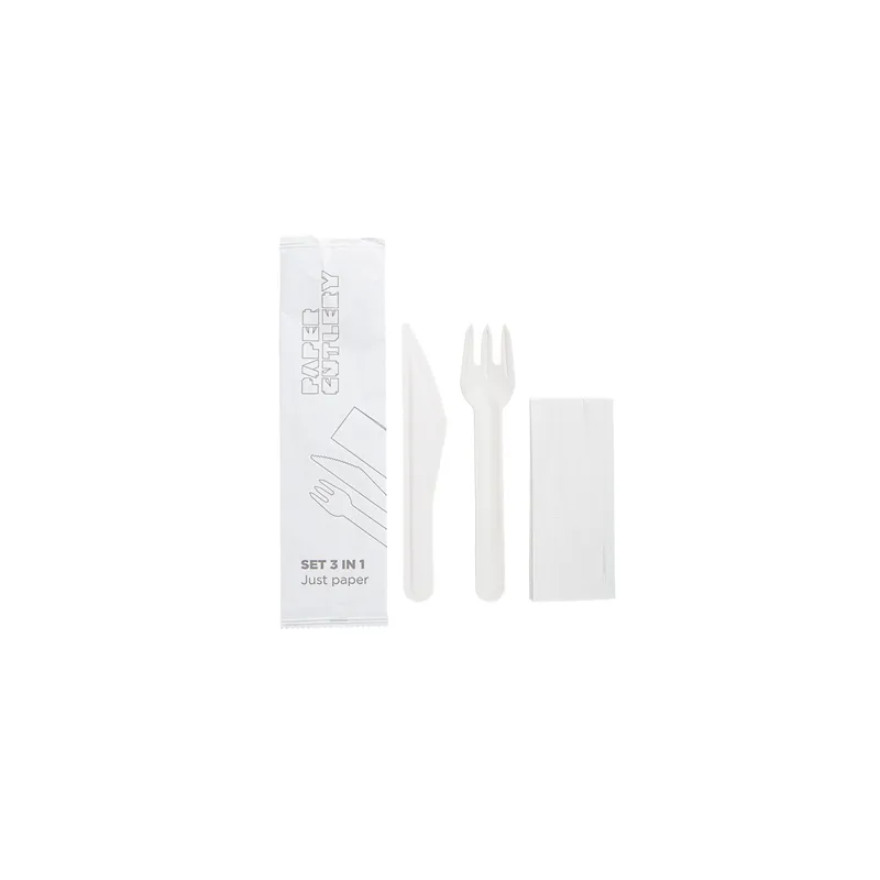 SET 3/1 COUVERTS +SERVIETTE PAPER CUTLERY  15,8 CM BLANC PAPIER (100 UNITÉ)