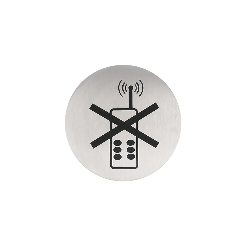 PLAQUE AUTO-ADHESIVE "PAS DE TELEPHONE"  Ø 7,5 CM ARGENTE INOX (1 UNITÉ)