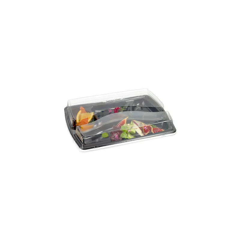 PLATEAU REPAS POUR EMPORTER + COUVERCLE   34x24,5x6.5 CM NOIR RPET (100 UNITÉ)