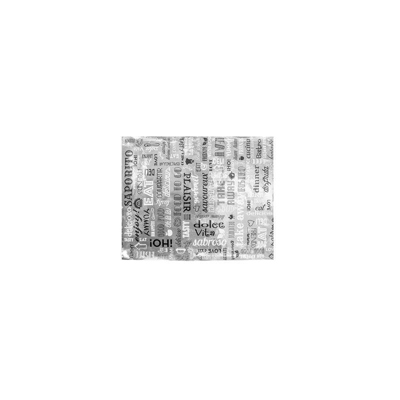 PAPIER INGRAISSABLE FAST FOOD 'PAROLE' 35+20 G/M2 28x34 CM ARGENTE PARCHEMIN + ALUMINIUM (1000 UNITÉ)