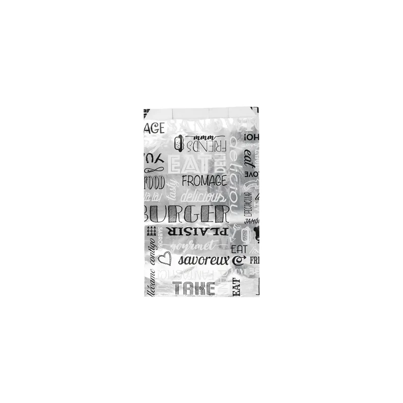 SACHETS POUR BURGER 'PAROLE' 35+20 G/M2 14+7x22 CM ARGENTE PARCHEMIN + ALUMINIUM (500 UNITÉ)