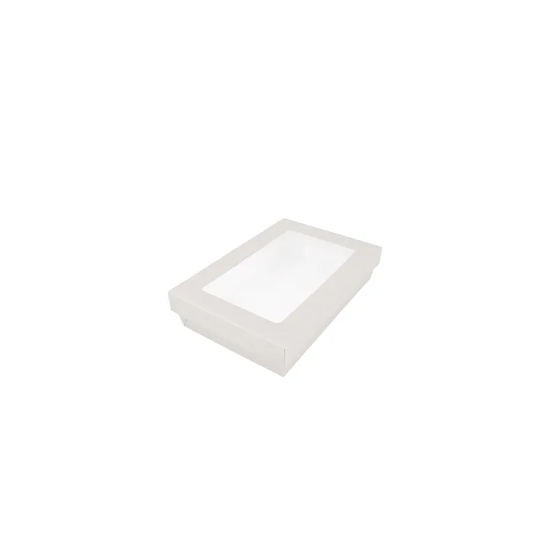 PETITES BOÎTES+COUVERCLES AVEC FÊNETRE 1300 ML 300 + 18 PE G/M2 21x14x5 CM BLANC CARTON (200 UNITÉ)
