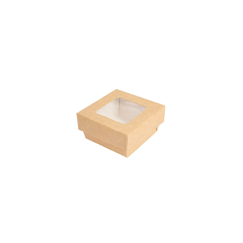 PETITES BOÎTES+COUVERCLES AVEC FÊNETRE  200 ML - 6,6 oz 270 + 15 PE G/M2 7x7x4 CM MARRON CARTON (250 UNITÉ)