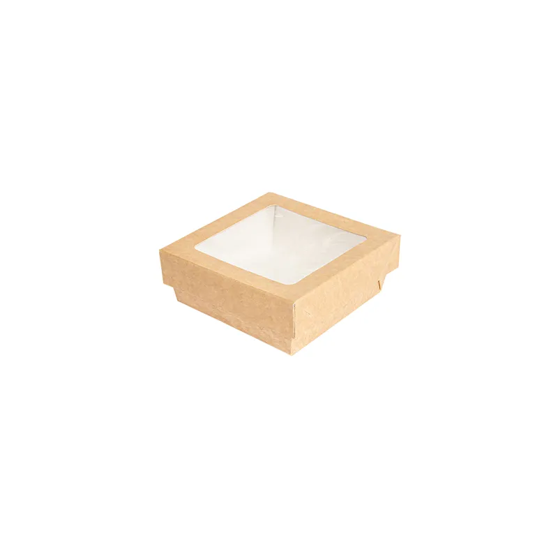 PETITES BOÎTES+COUVERCLES AVEC FÊNETRE  350 ML - 11,6 oz 270 + 15 PE G/M2 10x10x4 CM MARRON CARTON (250 UNITÉ)