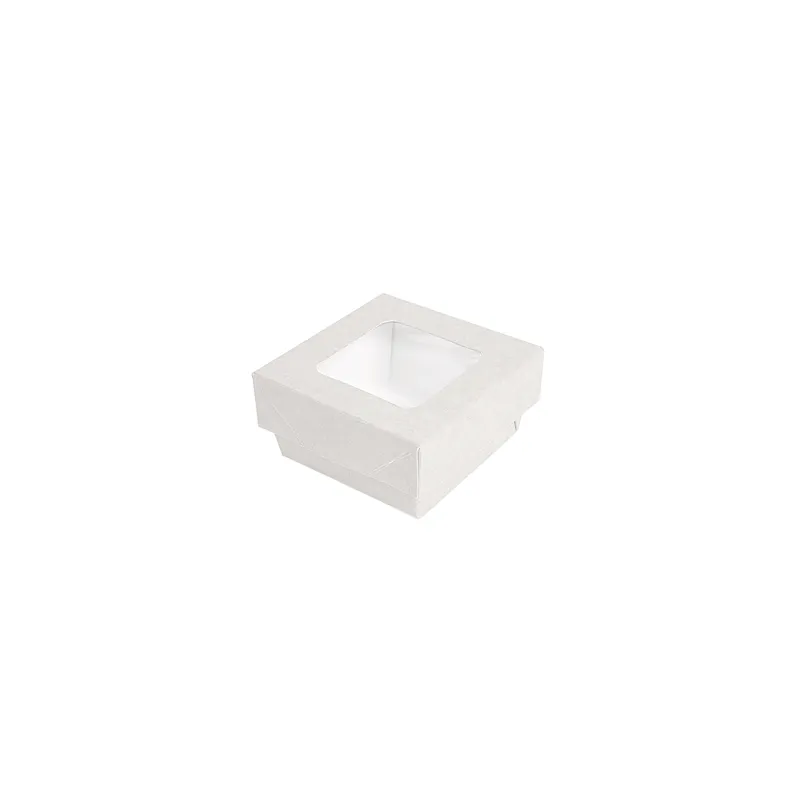 PETITES BOÎTES+COUVERCLES AVEC FÊNETRE  200 ML - 6,6 oz 300 + 15 PE G/M2 7x7x4 CM BLANC CARTON (250 UNITÉ)