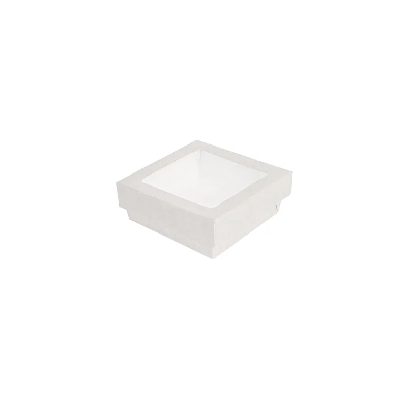 PETITES BOÎTES+COUVERCLES AVEC FÊNETRE  350 ML - 11,6 oz 300 + 15 PE G/M2 10x10x4 CM BLANC CARTON (250 UNITÉ)