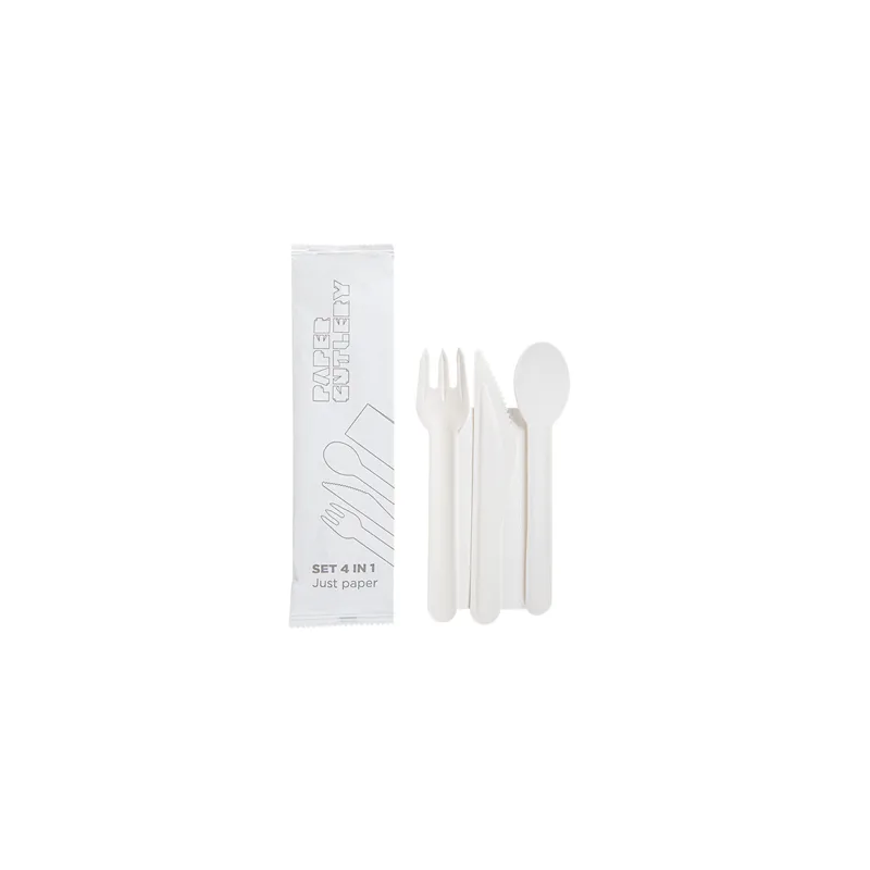 SET 4/1 COUVERTS +SERVIETTE PAPER CUTLERY  15,8 CM BLANC PAPIER (100 UNITÉ)