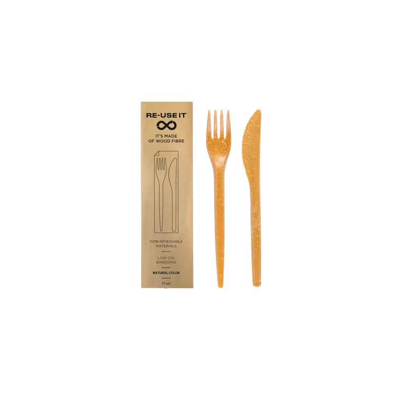 SET 2/1 FOURCHETTE, COUTEAU 'ESSENTIAL'  17 CM NATUREL FIBRE DE BOIS (300 UNITÉ)