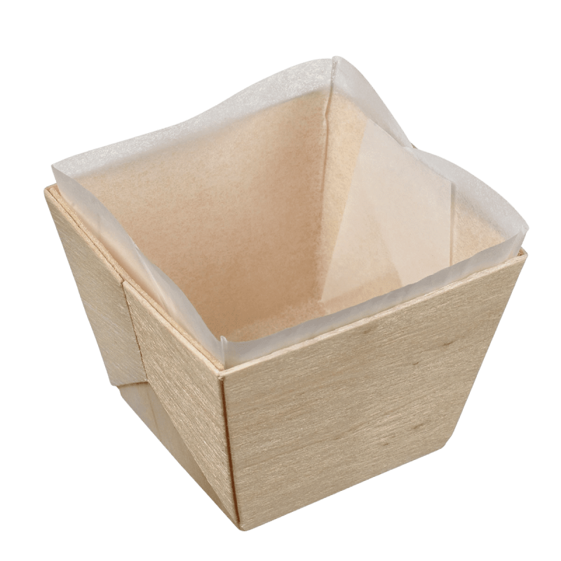 Barquette bois carrée haute + papier cuisson 180 ml