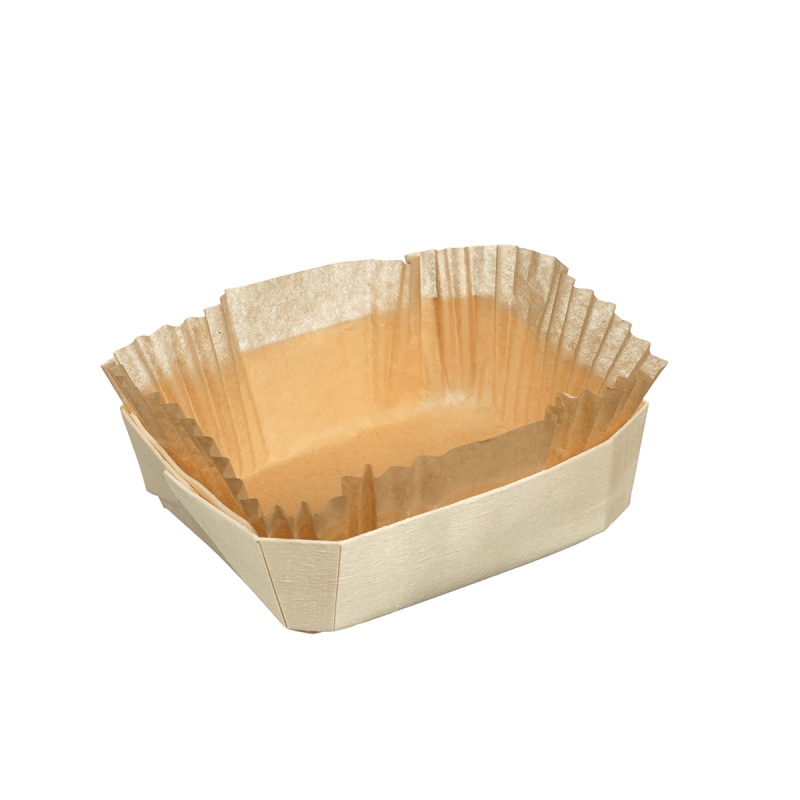 Barquette bois rectangle + papier cuisson 123x97x39 mm
