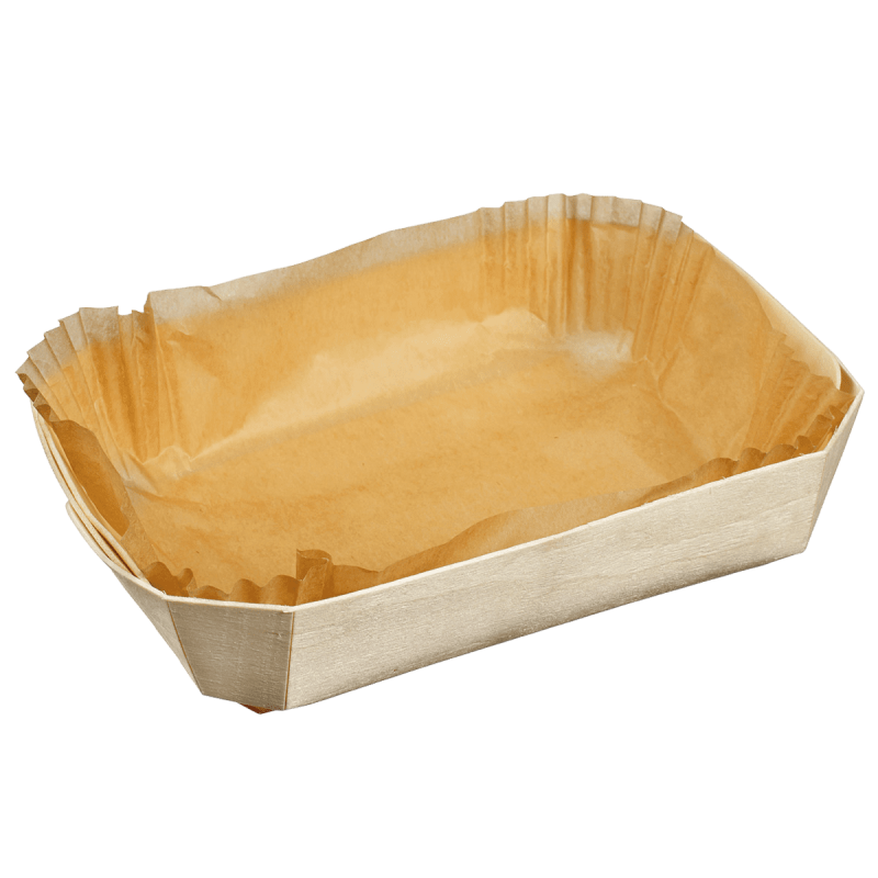 Barquette bois rectangle + papier cuisson 183x114x40 mm