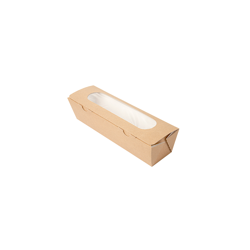 BOÎTES SANDWICH AVEC FENÊTRE - BAGUETTE 'THEPACK' 220 G/M2 + OPP 27,5x8x6,2 CM NATUREL CARTON ONDULÉ NANO-MICRO (200 UNITÉ)