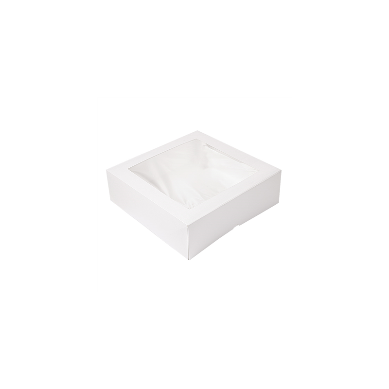 BOÎTES PÂTISSERIES AVEC FENÊTRE 'THEPACK' 250 G/M2 + OPP 32x32x10 CM BLANC CARTON ONDULÉ NANO-MICRO (100 UNITÉ)