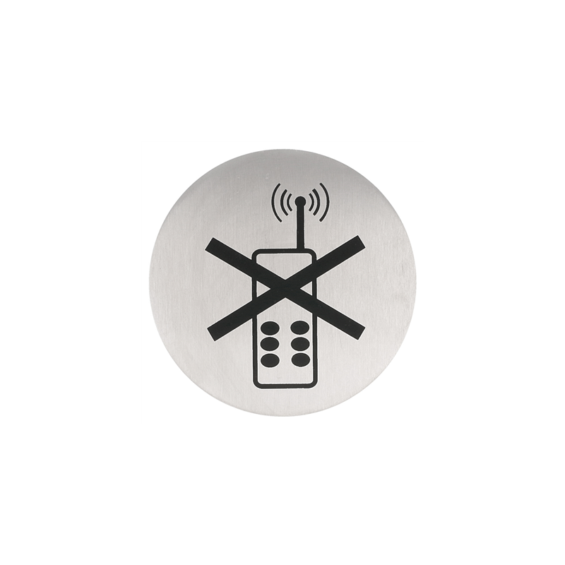 PLAQUE AUTO-ADHESIVE "PAS DE TELEPHONE"  Ø 7,5 CM ARGENTE INOX (1 UNITÉ)