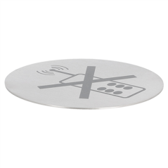 PLAQUE AUTO-ADHESIVE "PAS DE TELEPHONE"  Ø 7,5 CM ARGENTE INOX (1 UNITÉ)