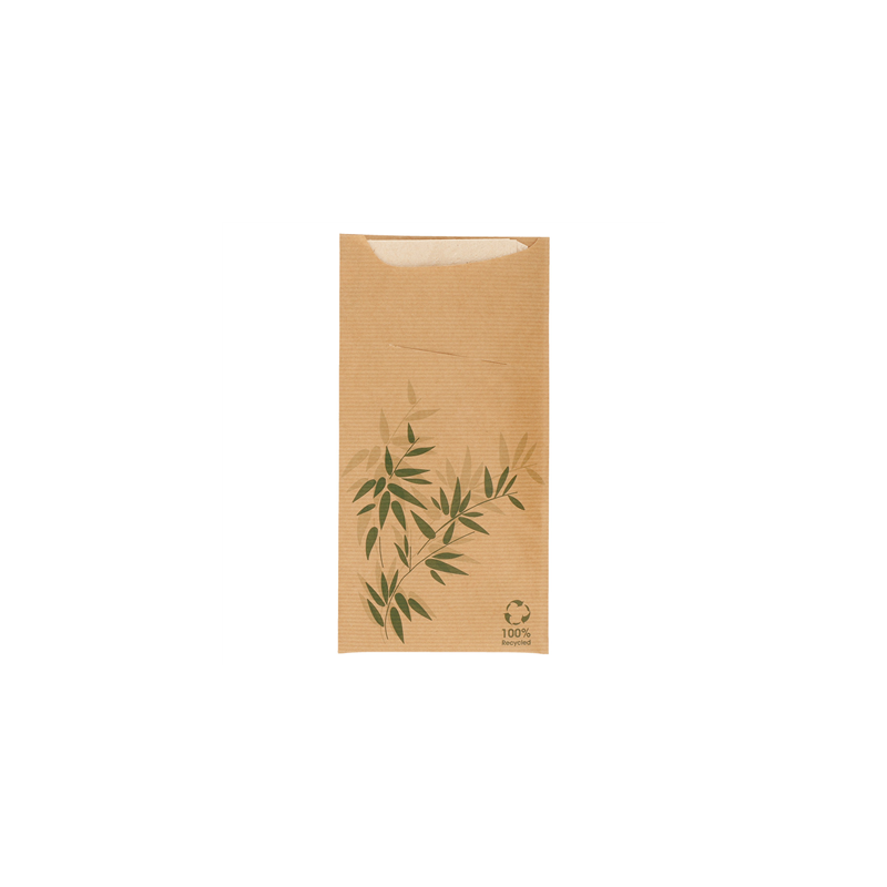 SACS COUVERTS + SERVIETTE 'JUST IN TIME - FEEL GREEN' 80 + 10PE G/M2 11,2x22,5 CM NATUREL KRAFT VERGÉ (400 UNITÉ)