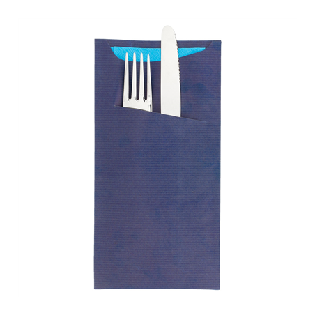 SACS COUVERTS + SERVIETTE 'JUST IN TIME' 80 + 10PE G/M2 11,2x22,5 CM BLEU KRAFT VERGÉ (400 UNITÉ)
