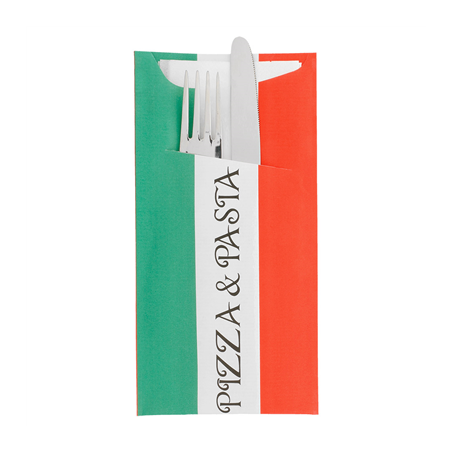 SACS COUVERTS + SERVIETTE 'JUST IN TIME - PIZZA & PASTA' 90 + 10PE G/M2 11,2x22,5 CM BLANC CELLULOSE (400 UNITÉ)