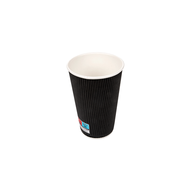 GOBELETS BOISSONS CHAUDES DOUBLE PAROI ONDULÉ 480 ML 300 + 250 + 18 PE G/M2 Ø9/6x13,2 CM NOIR CARTON (500 UNITÉ)