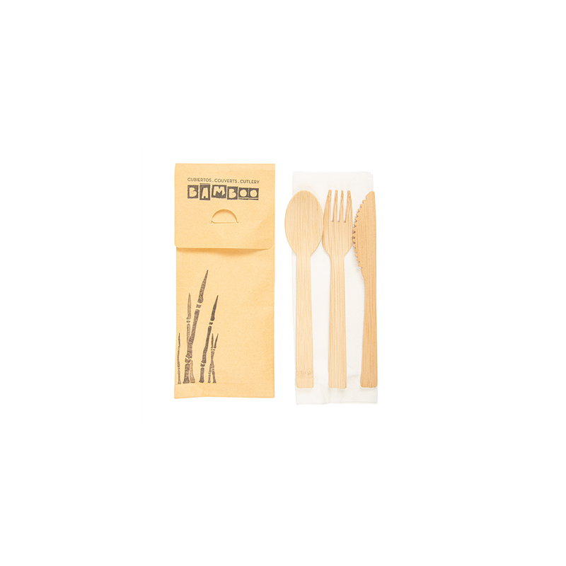 SET 4/1 FOURCHETTE, COUTEAU, CUILLÈRE, SERVIETTE  17 CM NATUREL BAMBOU (50 UNITÉ)