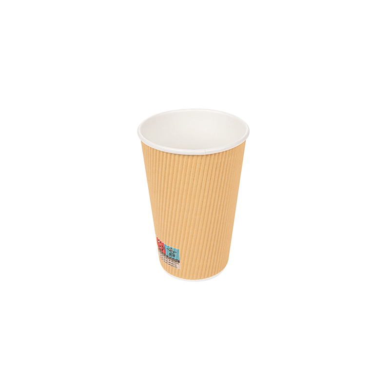 GOBELETS BOISSONS CHAUDES DOUBLE PAROI, KRAFT ONDULÉ 480 ML 300 + 250 + 18 PE G/M2 Ø9/6x13,2 CM MARRON CARTON (500 UNITÉ)