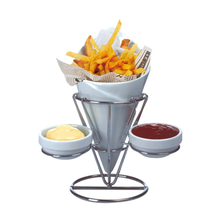 STANDS INOX+1 CÔNE+2 RAMEQUINS  Ø 12x22,5 CM BLANC PORCELAINE (12 UNITÉ)