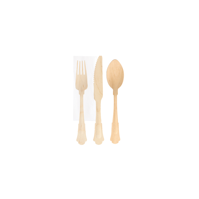 SET 4/1 FOURCHETTE, COUTEAU, CUILLÈRE, SERVIETTE 'CLASSIC'  20 CM NATUREL BOIS (100 UNITÉ)