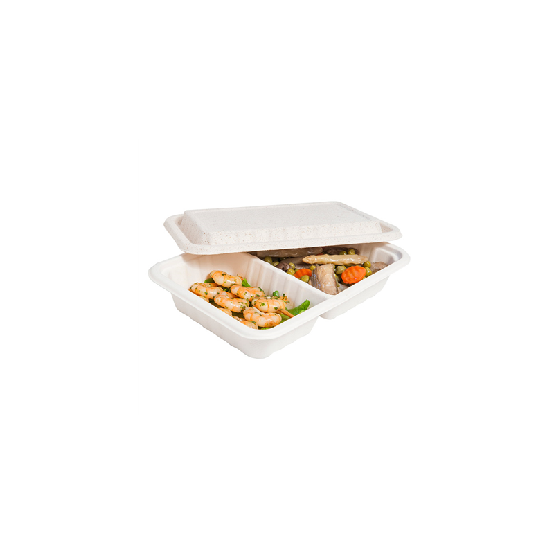 PLATEAUX 2 COMPART + COUVERCLE 'BIONIC' 800 ML 23,3x14,6x6 CM NATUREL BAGASSE (400 UNITÉ)