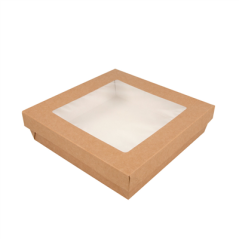 PETITES BOÎTES+COUVERCLES AVEC FÊNETRE 1000 ML 290 + 18 PE G/M2 18,5x18,5x4 CM MARRON CARTON (200 UNITÉ)
