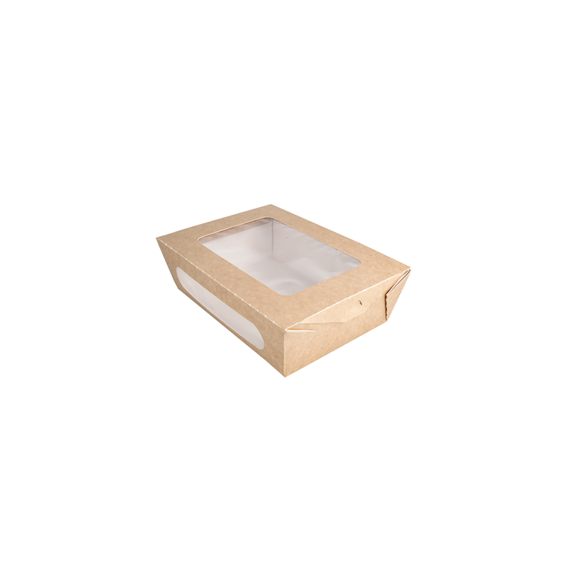 BOÎTES AVEC FENÊTRE POUR SALADE 1200 ML - 40 oz 391 G/M2 + PE 20,4x14,2x6 CM MARRON CARTON (200 UNITÉ)