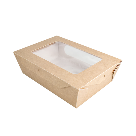 BOÎTES AVEC FENÊTRE POUR SALADE 1200 ML - 40 oz 391 G/M2 + PE 20,4x14,2x6 CM MARRON CARTON (200 UNITÉ)