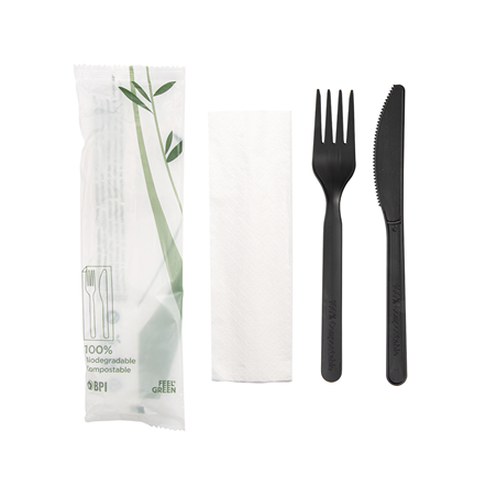 SET 3/1 FOURCHETTE, COUTEAU, SERVIETTE  18 CM NOIR CPLA (500 UNITÉ)