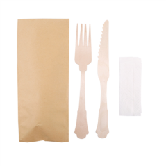SET 3/1 FOURCHETTE, COUTEAU, SERVIETTE 'CLASSIC'  20 CM NATUREL BOIS (100 UNITÉ)