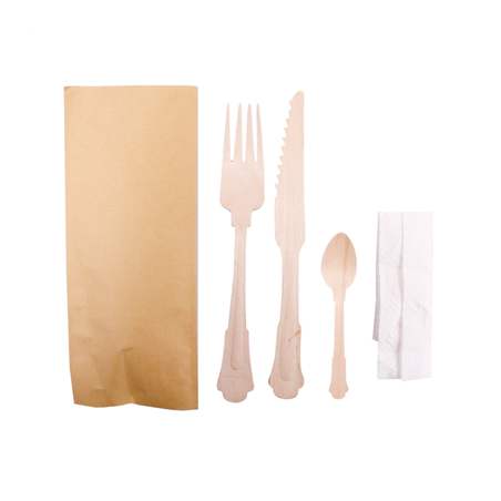 SET 4/1 FOURCHETTE, COUTEAU, SERVIETTE, CUILLÈRE CAFÉ 'CLASSIC'  20 CM NATUREL BOIS (100 UNITÉ)