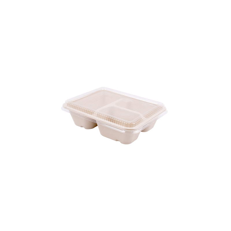 PLATEAUX 3 COMPART + COUVERCLE PET 'BIONIC' 950 ML 22x18x5,5+1,3 CM NATUREL BAGASSE (100 UNITÉ)