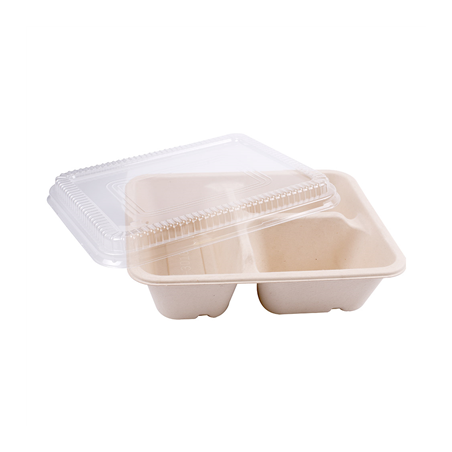 PLATEAUX 3 COMPART + COUVERCLE PET 'BIONIC' 950 ML 22x18x5,5+1,3 CM NATUREL BAGASSE (100 UNITÉ)