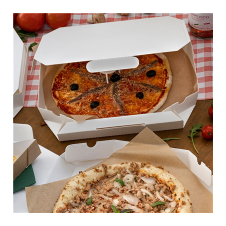 BOÎTES OCTOGONAL 'THEPACK' 330 G/M2 32x32x3,8 CM BLANC CARTON ONDULÉ MICROCANAL (100 UNITÉ)