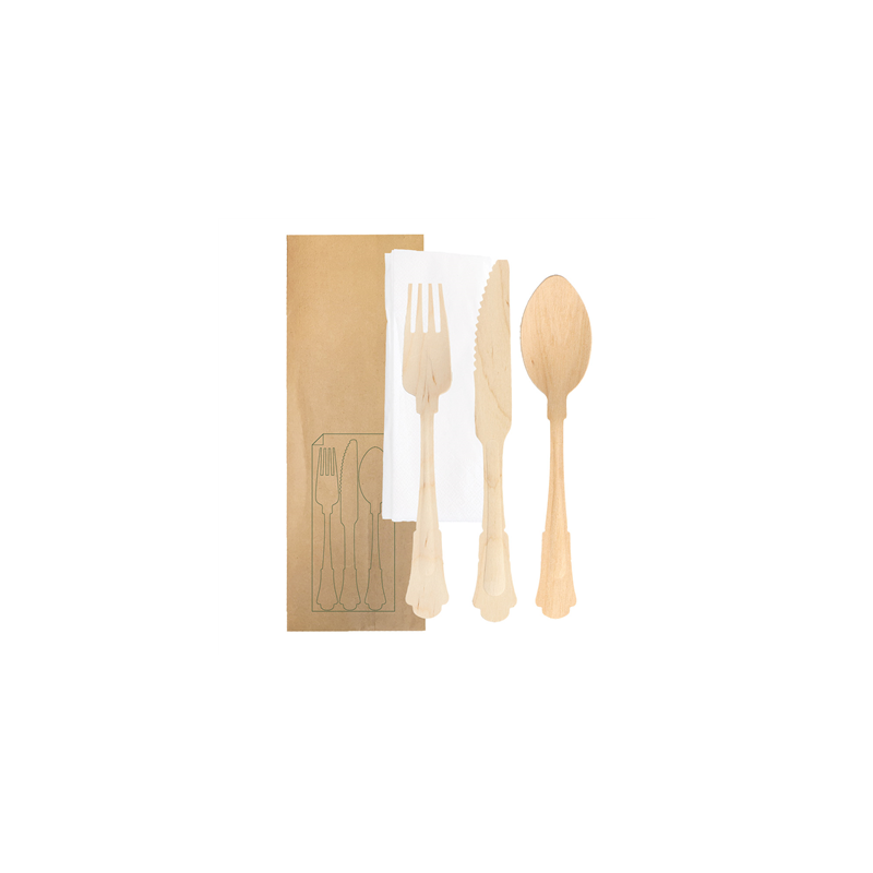 SET 4/1 FOURCHETTE, COUTEAU, CUILLÈRE, SERVIETTE 'CLASSIC'  20 CM NATUREL BOIS (100 UNITÉ)
