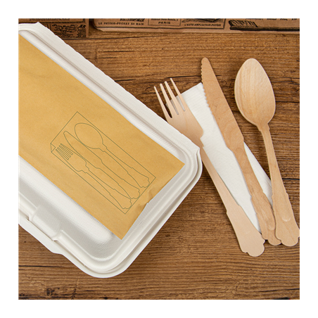 SET 4/1 FOURCHETTE, COUTEAU, CUILLÈRE, SERVIETTE 'CLASSIC'  20 CM NATUREL BOIS (100 UNITÉ)