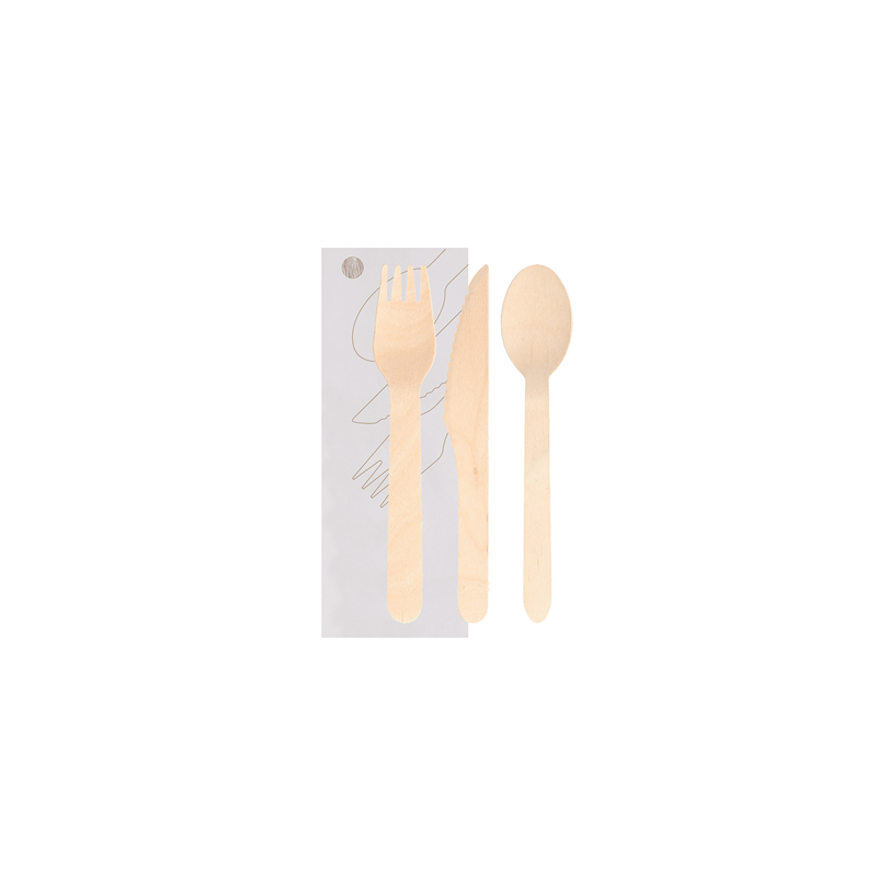 SET 3/1 FOURCHETTE, COUTEAU, CUILLÈRE 'MAKAN'  16 CM NATUREL BOIS (100 UNITÉ)