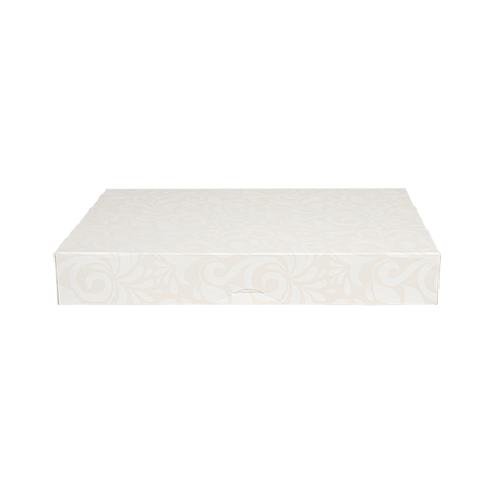 BOÎTES CATERING, PLATE 'THEPACK DAMASCO' 310 G/M2 28x42x6 CM BLANC CARTON ONDULÉ NANO-MICRO (100 UNITÉ)