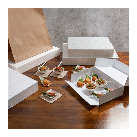 BOÎTES CATERING, PLATE 'THEPACK DAMASCO' 310 G/M2 46x35x6 CM BLANC CARTON ONDULÉ NANO-MICRO (100 UNITÉ)