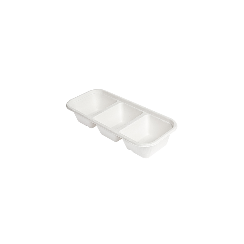 PLATEAUX 3 COMPART 'BIONIC' 500 ML 22,5x9,6x4,3 CM BLANC BAGASSE (600 UNITÉ)